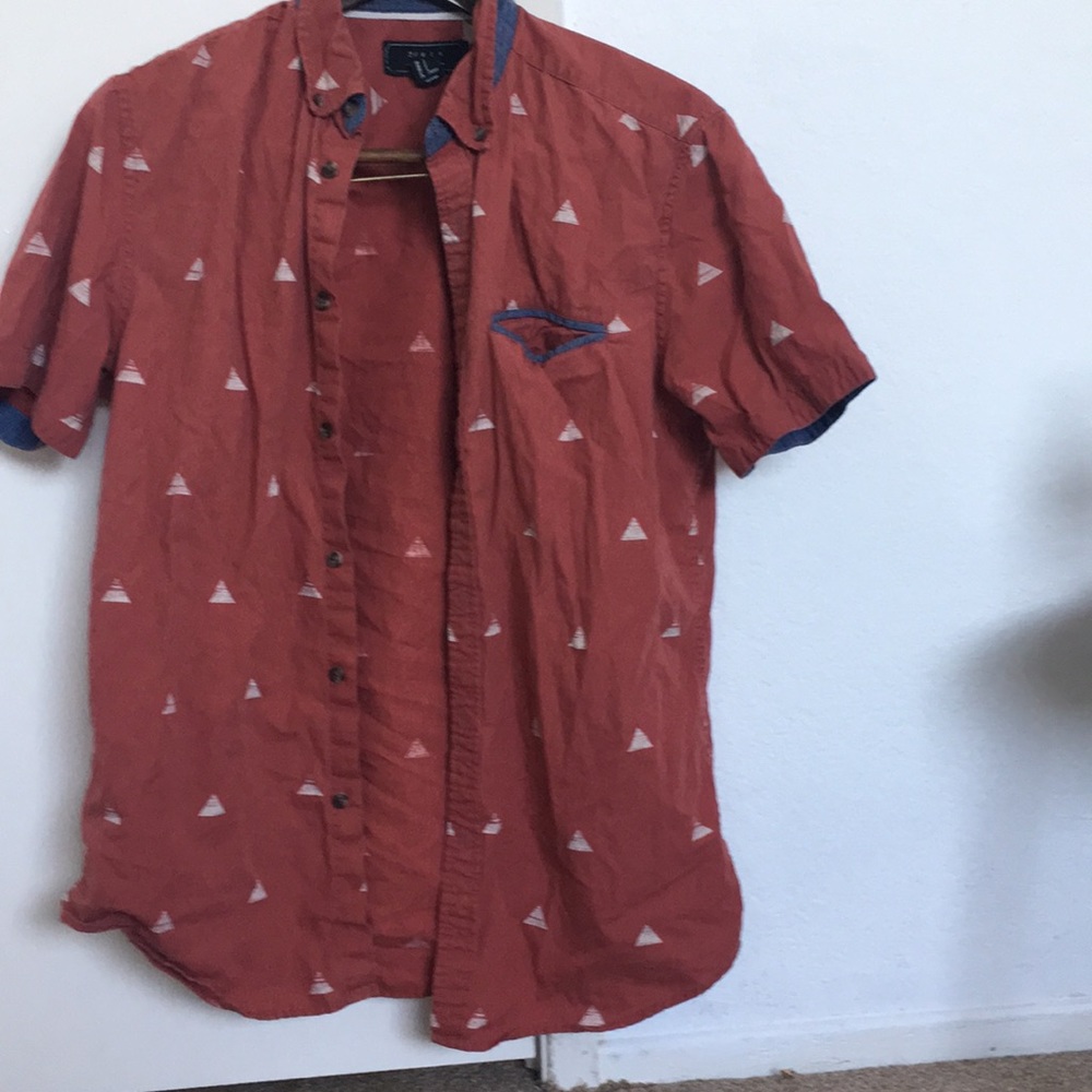 Red and triangle patterned button down